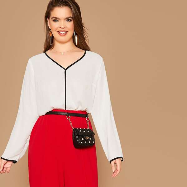 

Plus V-neck Contrast Binding Blouse, White