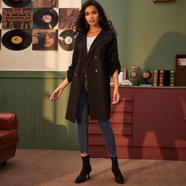 

Lapel Neck Roll Up Sleeve Drawstring Trench Coat, Black