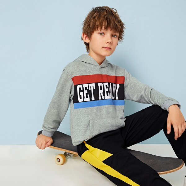 

Boys Colorblock Slogan Graphic Pouch Pocket Hoodie, Grey