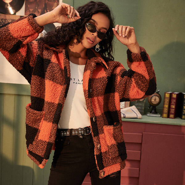

Dual Pockets Plaid Teddy Coat, Multicolor