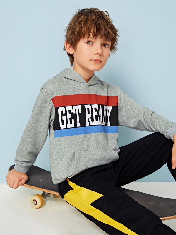 

Boys Colorblock Slogan Graphic Pouch Pocket Hoodie, Grey, Bogdan