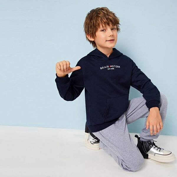 

Boys Embroidered Slogan Kangaroo Pocket Hoodie, Navy blue