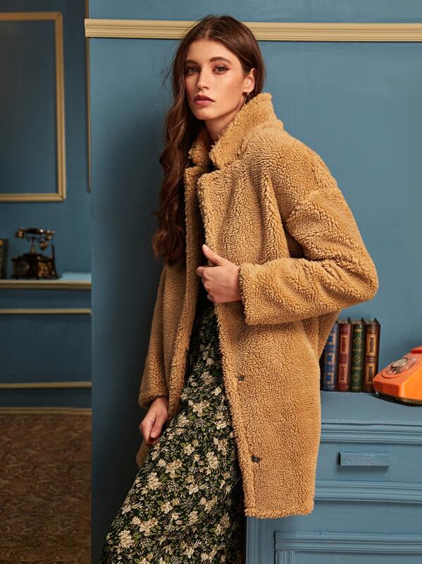 

Slant Pocket Button Front Teddy Coat, Khaki, Mila