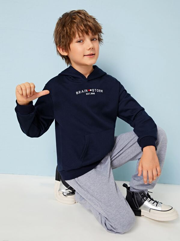 

Boys Embroidered Slogan Kangaroo Pocket Hoodie, Navy, Bogdan