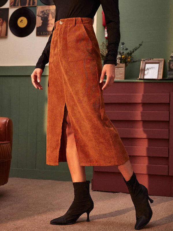 

Corduroy Slant Pocket Split Front Skirt, Brown, Gigi