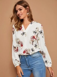 SHEIN Camisa con estampado floral de manga farol escote V - Blanco - Ver 4