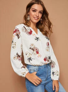 SHEIN Camisa con estampado floral de manga farol escote V - Blanco - Ver 5