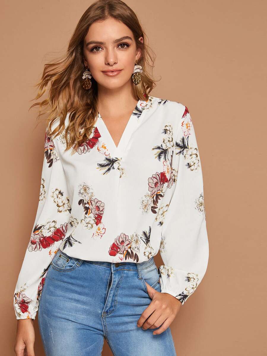SHEIN Camisa con estampado floral de manga farol escote V - Blanco - Ver 1
