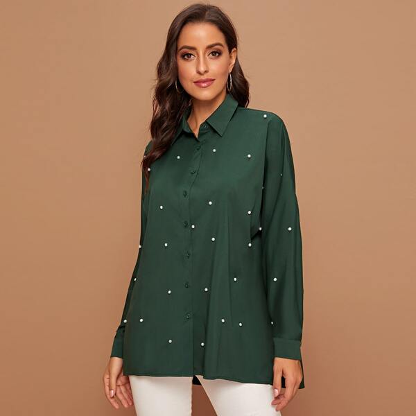 

Button Front Pearl Beaded Blouse, Green