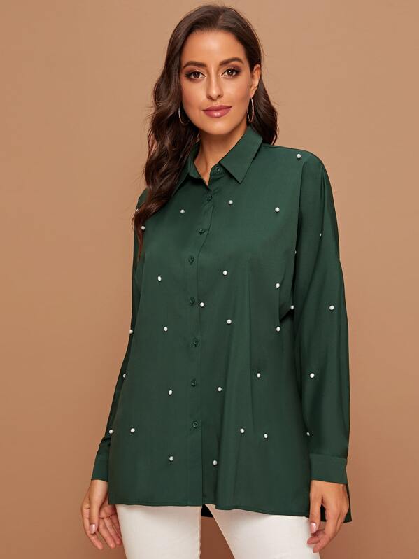 

Button Front Pearl Beaded Blouse, Green, Mary P.
