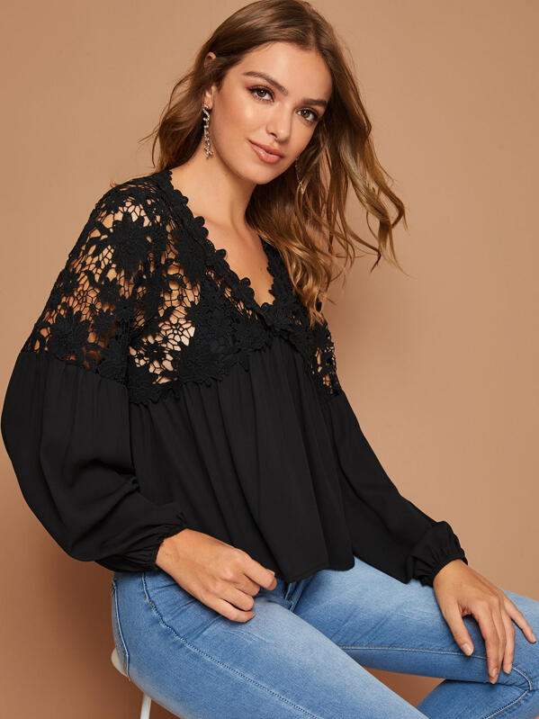 

Guipure Lace Panel Lantern Sleeve Smock Top Without Bra, Black, Luiza