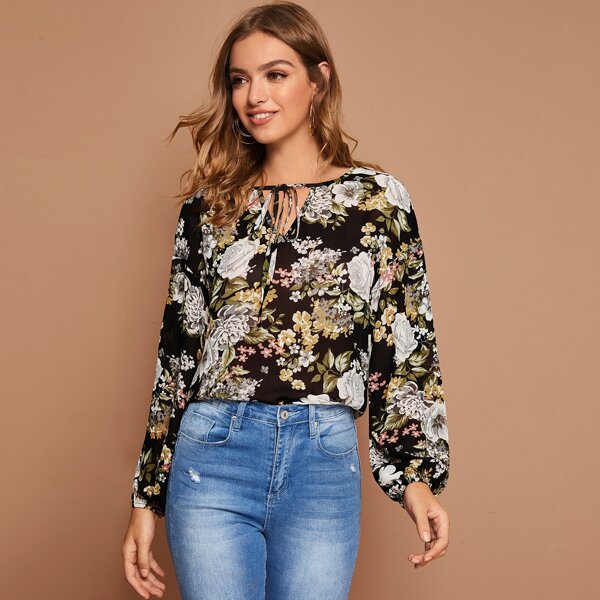 

Tie Neck Bishop Sleeve Floral Print Top, Multicolor