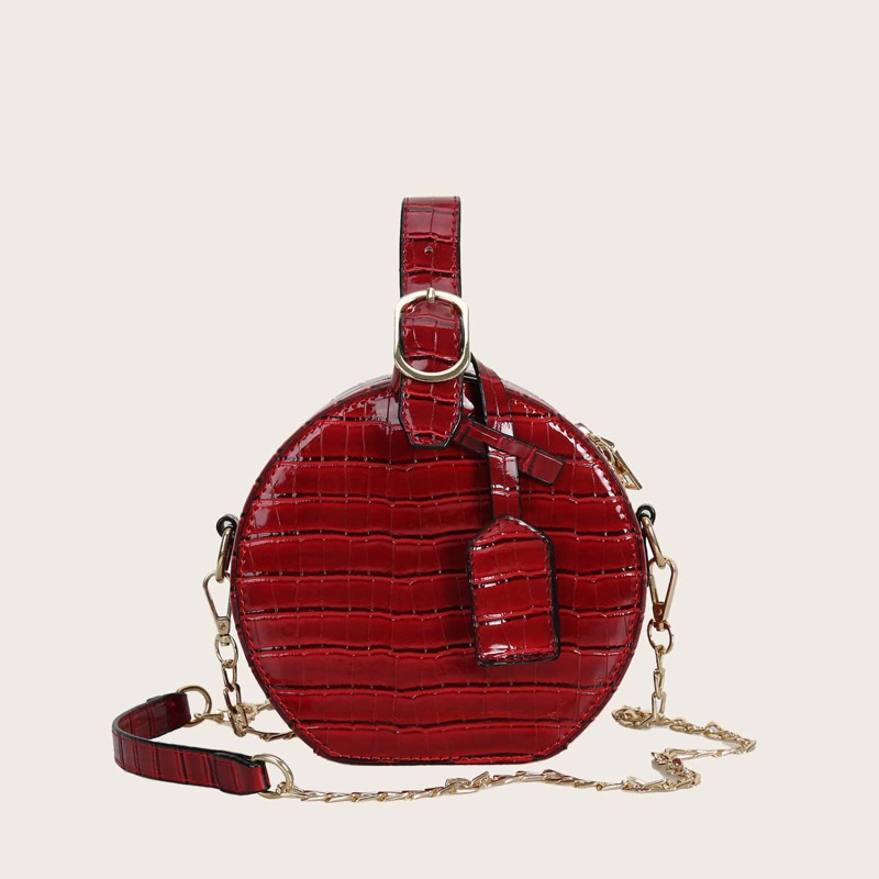 

Croc Pattern Round Chain Bag, Burgundy