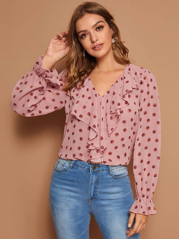 V-neck Polka Dot Ruffle Trim Top, Pink, Luiza