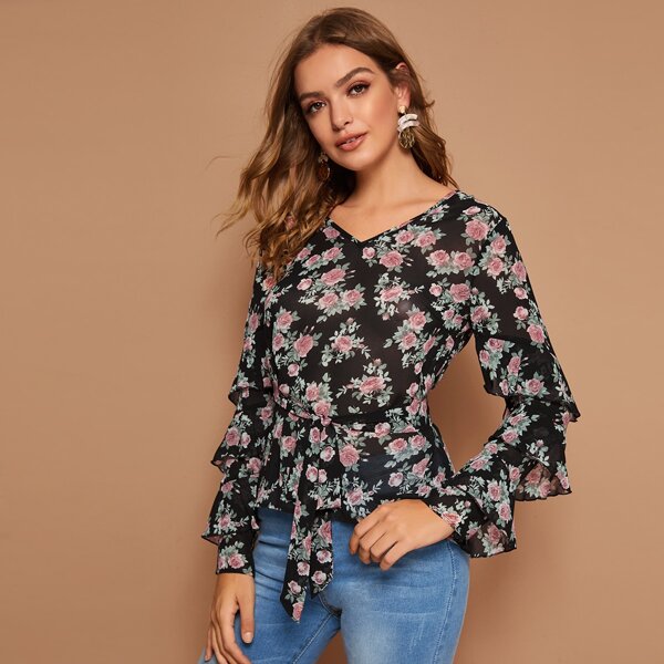 

Layered Ruffle Sleeve Floral Print Belted Top, Multicolor