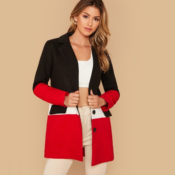 

Notched Collar Colorblock Coat, Multicolor