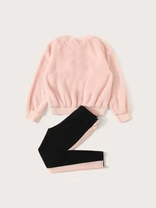 SHEIN Girls Unicorn Patched Teddy Pullover & Striped Side Leggings Set - Multicolor - View 2