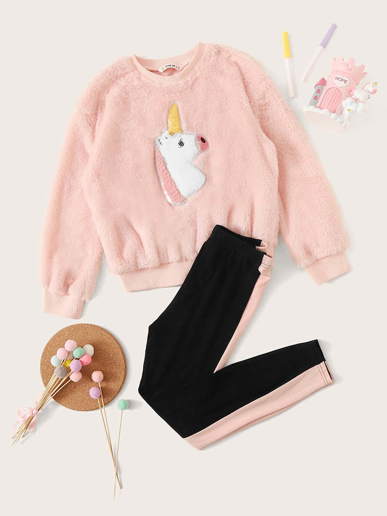 SHEIN Girls Unicorn Patched Teddy Pullover & Striped Side Leggings Set - Multicolor - View 1