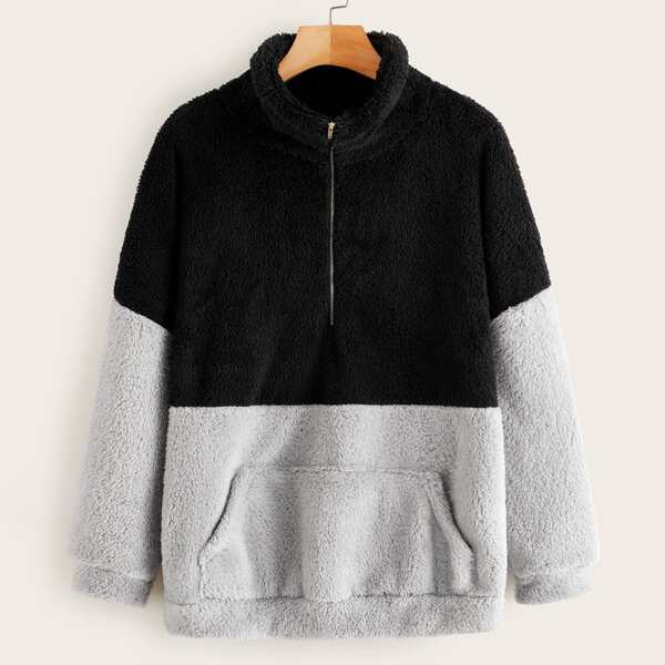 

Two Tone Half Zipper Teddy Sweatshirt, Multicolor