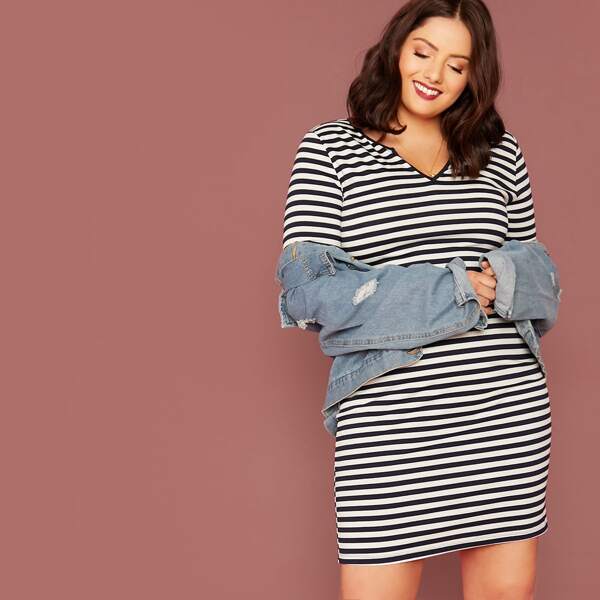 

Plus Notch Neck Striped Dress, Navy