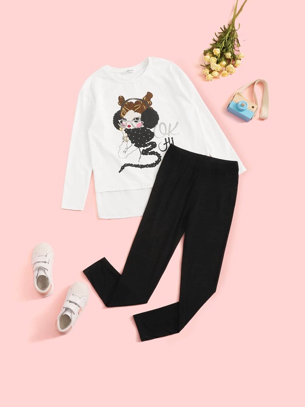 Girls Cartoon Graphic 2 In 1 Top and Pants Set, Black and white