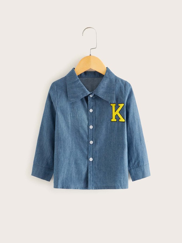 

Toddler Boys Letter Embroidery Denim Shirt, Blue