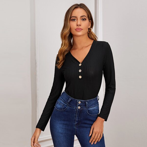 

V Neck Buttoned Slim Fit Tee, Black