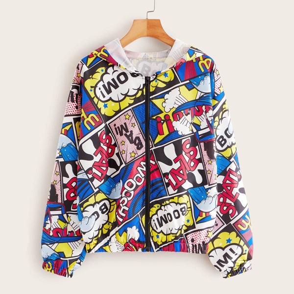 

Comic Print Zip-up Hooded Jacket, Multicolor