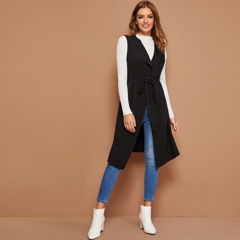 

Solid Longline Belted Duster Vest, Black