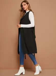 SHEIN Clasi Solid Longline Belted Duster Vest - Black - View 5
