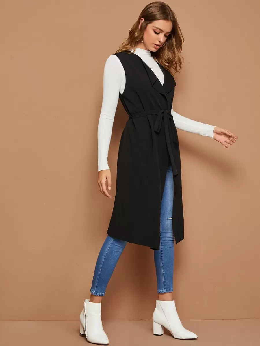 SHEIN Clasi Solid Longline Belted Duster Vest - Black - View 1