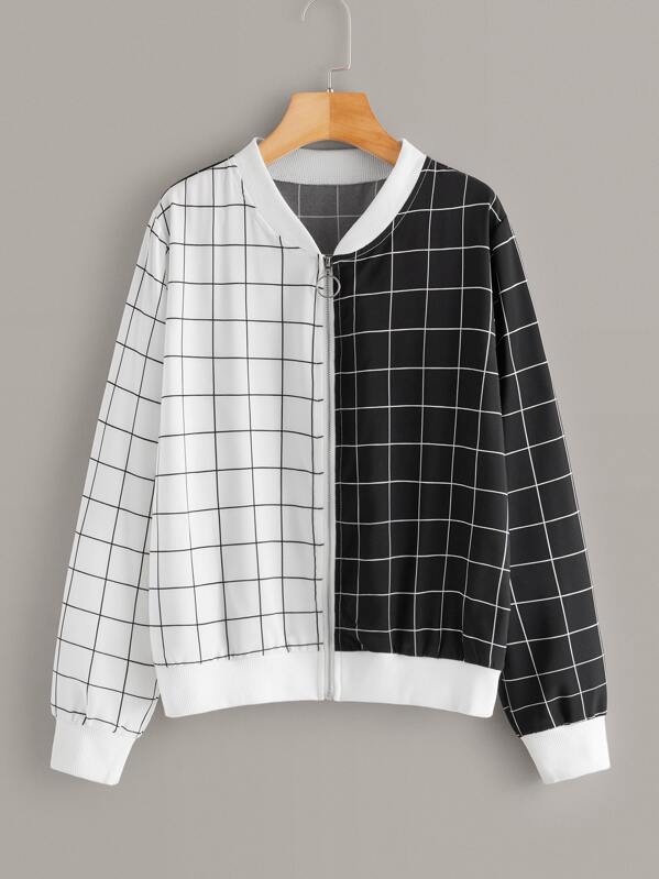 

Two Tone Grid Zip-up Bomber Jacket, Black and white