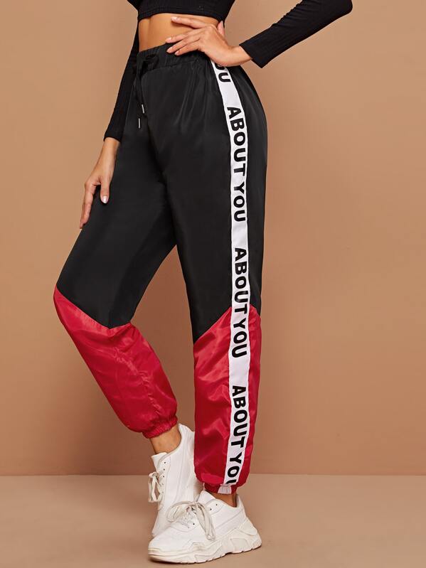 

Drawstring Waist Slogan Side Colorblock Wind Pants, Multicolor, Mary P.