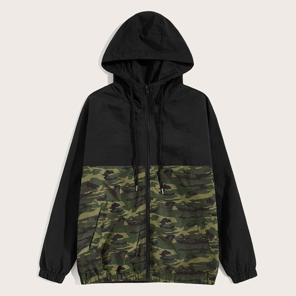 

Men Zip Up Camo Panel Jacket, Black