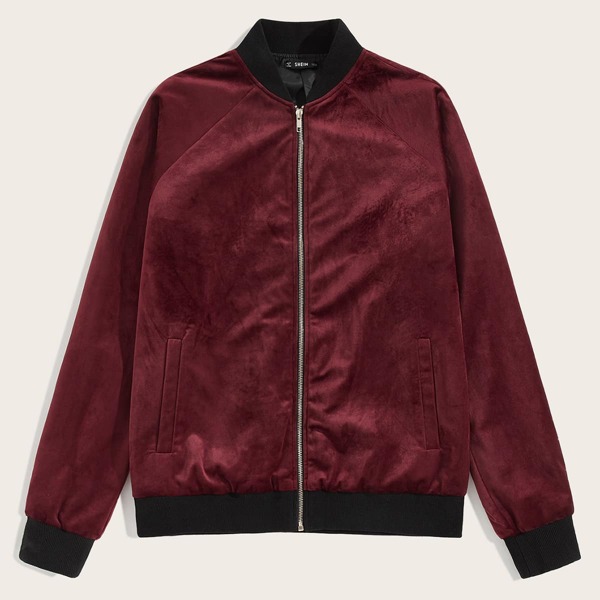 

Men Raglan Sleeve Velvet Bomber Jacket, Burgundy