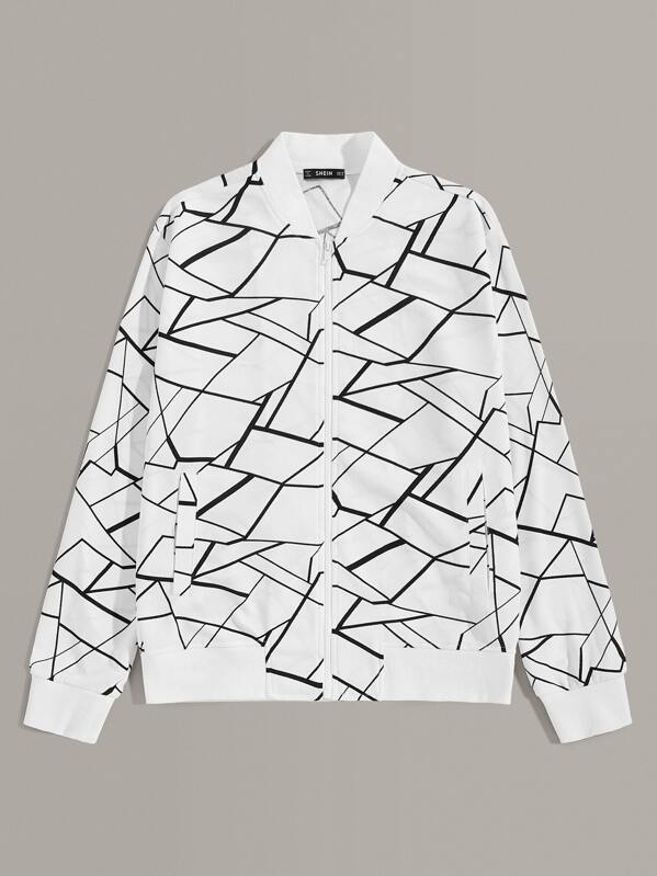 

Men Geo Print Zip Up Bomber Jacket, White