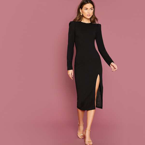

Puff Sleeve Split Thigh Dress, Black