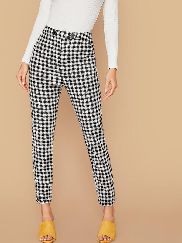 

Button Detail Gingham Pants, Black and white, Gigi Paris