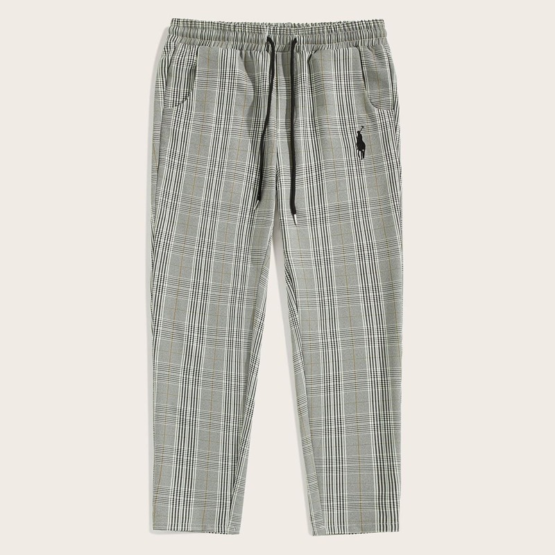 

Guys Plaid Embroidered Detail Drawstring Pants, Grey