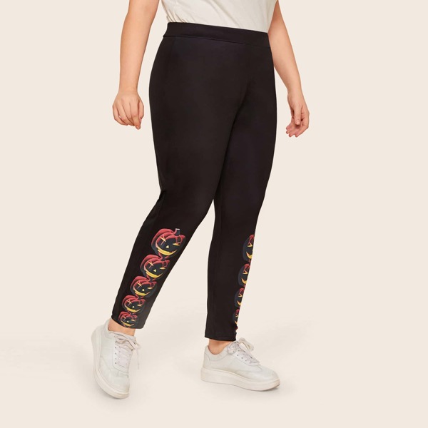 

Plus Pumpkin Lantern Print Leggings, Black