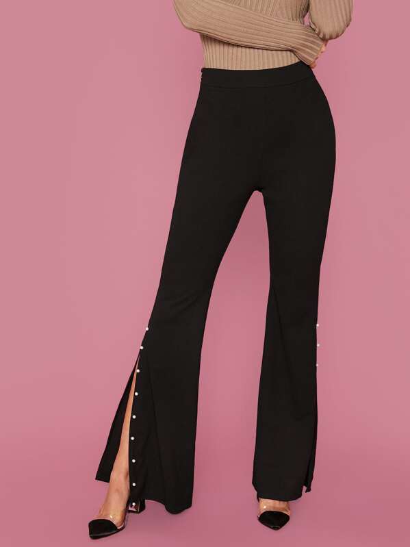 

Pearl Beaded Slit Hem Flare Leg Pants, Black, Gigi Paris