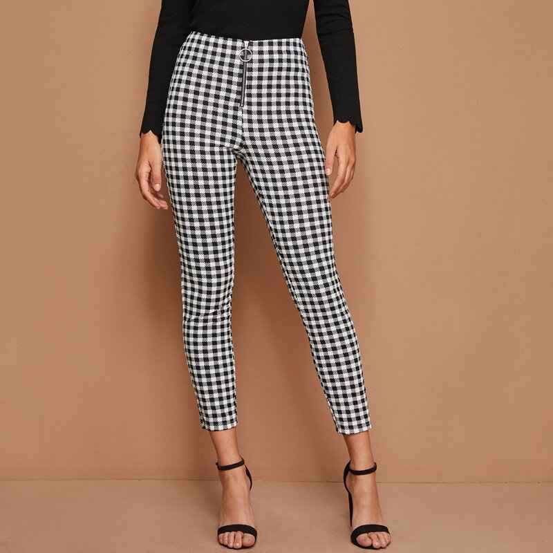 

O-ring Zip Front Plaid Pants, Black and white