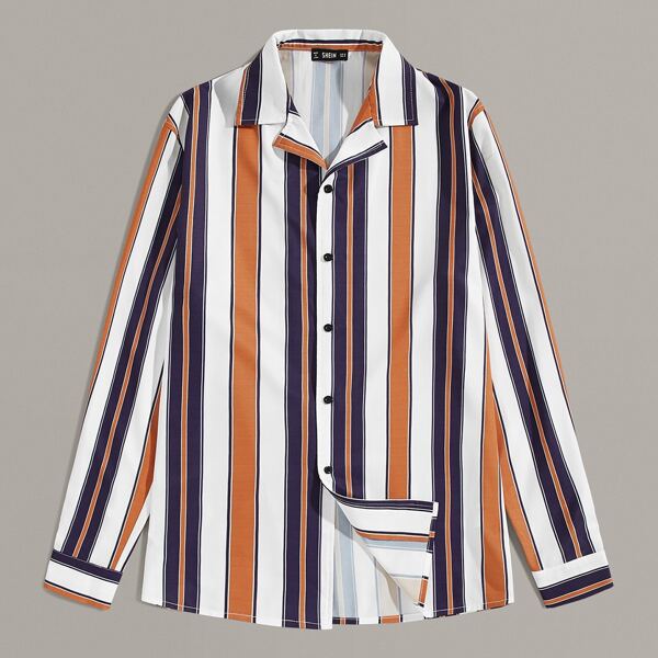 

Men Striped Print Revere Collar Shirt, Multicolor