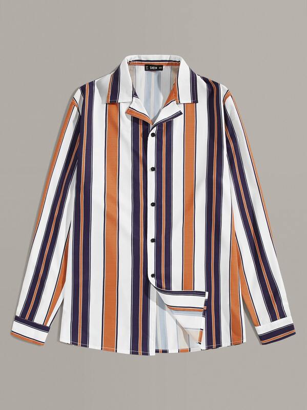 

Men Striped Print Revere Collar Shirt, Multicolor