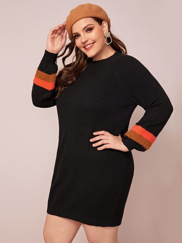 

Plus Colorblock Sleeve Sweater Dress, Black, Ella