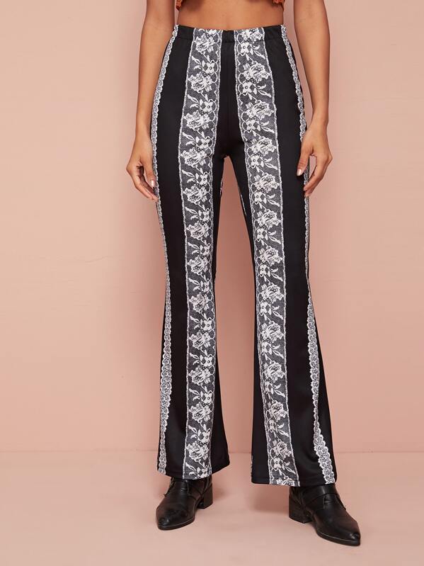 

Contrast Lace Elastic Waist Flare Pants, Black and white, Gigi