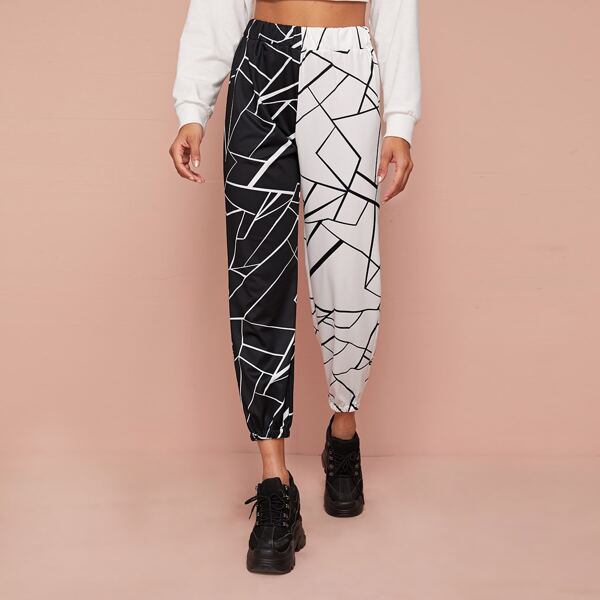 

Two Tone Geo Print Tapered Pants, Black and white