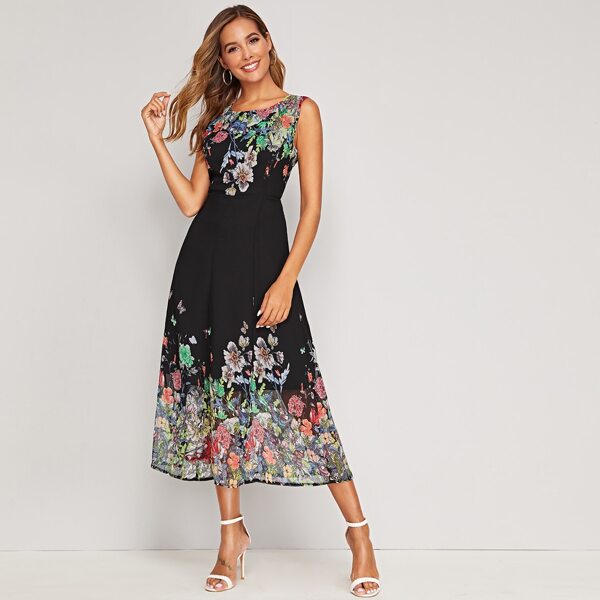 

Floral Print Zipper Back A-line Dress, Black