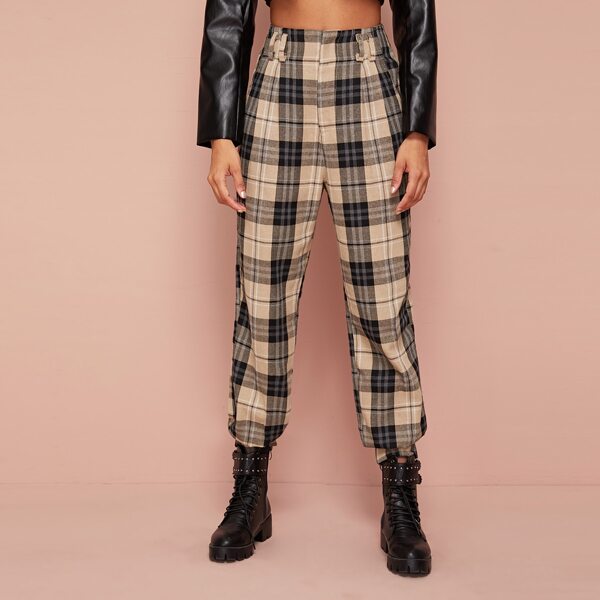 

Tartan High Waist Cuffed Pants, Khaki