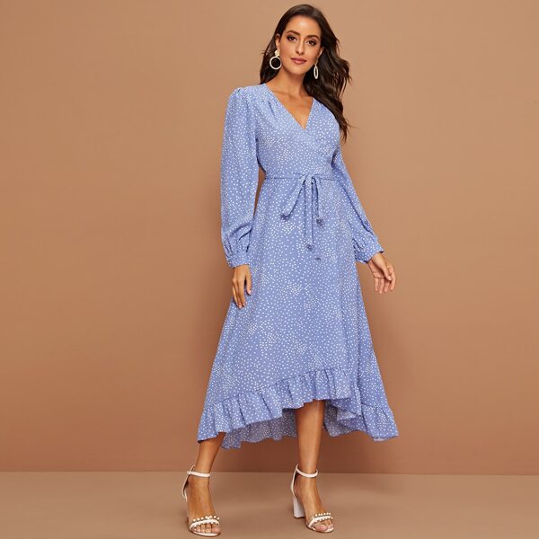 

Surplice Neck Self Belted Polka Dot Dress, Blue pastel